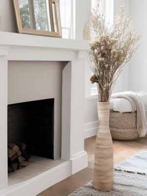 16" Tall Floor Vase for Pampas Grass,White Brown Ceramic Centerpiece for Dresser, Skinny Pampas Grass Vessel for Floor, Entryway Table, Fireplace Decor