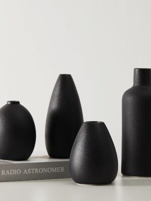 Black Ceramic Vase Set - 4 Small Unique Vases for Flowers, Modern Decorative Centerpieces and Home Decor