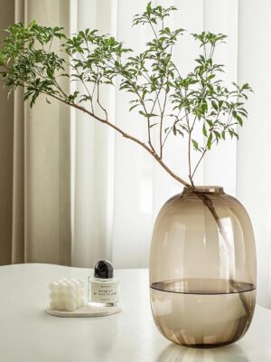 Brown Glass Vase Round Clear Colored Flower Vase for Centerpiece Long Stem Branch Fresh Artificial Plant Bottle Modern Home Indoor Decoration (Brown)