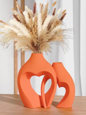Orange Vases for Decor, Heart Shaped Ceramic Vase Set of 2, Nordic Heart Shaped Vases, Minimalist Decorative Vase for Table Centerpiece Wedding Dining Living Room Office House Decoration