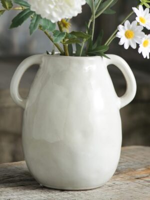 White Ceramic Vase with 2 Handles, Modern Farmhouse Vase for Home Decor, Rustic Terracotta Vase, Decorative Pottery Flower Vase, Clay Samll Vase, Centerpieces for Dining Table - 7 Inch Tall