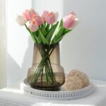 Amber Glass Vase Bud Flower Vase with Modern Design, Brown Wide Mouth Decorative Vase Gift for Home Decor, Living Room, Dining Table, Entryway, Shelf, Wedding, Office, 7.3 Inch (Amber)