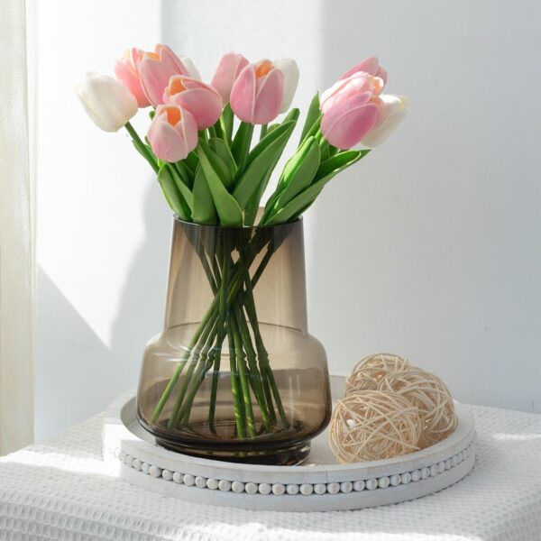 Amber Glass Vase Bud Flower Vase with Modern Design, Brown Wide Mouth Decorative Vase Gift for Home Decor, Living Room, Dining Table, Entryway, Shelf, Wedding, Office, 7.3 Inch (Amber)
