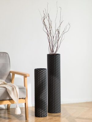 Black Cylinder Tall Floor Vase: 27.6/21.7in Metal Extra Large Decorative Vase Set of 2 Living Room Modern Honeycomb Texture Big Standing Vase for Dining Bedroom Home Corner Indoor Office