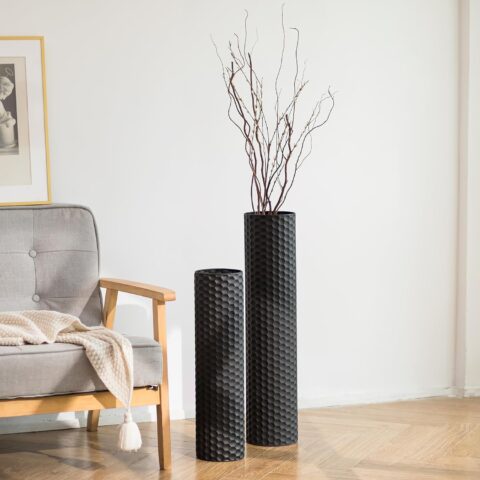 Black Cylinder Tall Floor Vase: 27.6/21.7in Metal Extra Large Decorative Vase Set of 2 Living Room Modern Honeycomb Texture Big Standing Vase for Dining Bedroom Home Corner Indoor Office