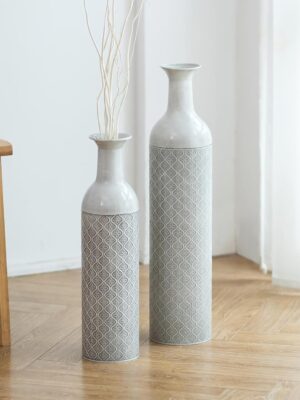 Tall Floor Vase for Flowers - 21.65/27.56in Extra Large Floor Vase Set of 2 Big Metal Glazed Vases for Pampas Grass Twigs Vintage Grey Oversized Vases for Living Room Bedroom Home Farmhouse