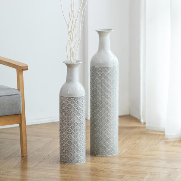 Tall Floor Vase for Flowers - 21.65/27.56in Extra Large Floor Vase Set of 2 Big Metal Glazed Vases for Pampas Grass Twigs Vintage Grey Oversized Vases for Living Room Bedroom Home Farmhouse