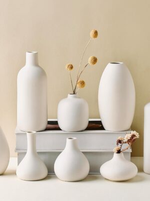 Set of 8 White Ceramic Vases for Dried Pampas Grass Flowers, Aesthetic Boho Modern Decor for Farmhouse Living Room Coffee Table Shelf Fireplace Centerpiece Bedroom Office Desk Home DIY Gifts