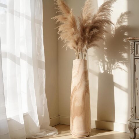 Tall Wooden Floor Vase for Pampas Grass – 22 Inch Solid Wood Decorative Vase for Rustic Farmhouse & Boho Living Room, Bedroom & Entryway Decor