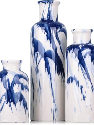 Blue Ceramic Vase Set of 3 - Decorative Navy Blue and White Vase for Centerpieces, Farmhouse and Home Decor - Ideal for Living Room, Kitchen, Bedroom, Dining Table and Office Decor