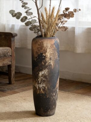 Black Rustic Ceramic Tall Floor Vase, 23.6 Inch Vintage Large Farmhouse Vase Pottery Clay Terracotta Rustic Vases for Home Decor Living Room Entryway Table Centerpieces,Kitchen,Housewarming Gifts