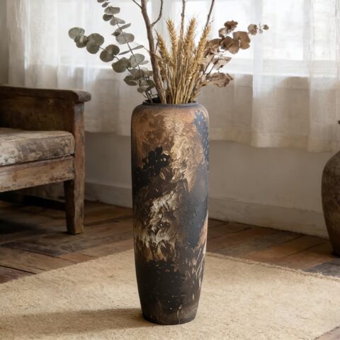 Black Rustic Ceramic Tall Floor Vase, 23.6 Inch Vintage Large Farmhouse Vase Pottery Clay Terracotta Rustic Vases for Home Decor Living Room Entryway Table Centerpieces,Kitchen,Housewarming Gifts
