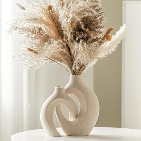 Hollow Ceramic Vase Set of 2, Nordic Modern Boho ins Style Decorative Ceramic Aesthetic Flower Vase for Home Decor (Milky White W 6.3" X H 8.4")