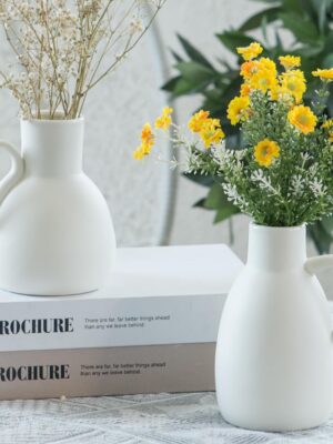 White Ceramic Vase Set - 2 Small Vases with Handle, Pottery Vases for Modern Home Decor, Minimalist Matte Pitcher for Fowers, Decorative Clay Vase Centerpiece Dining Table Decorations