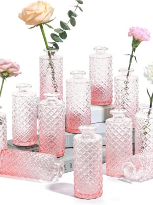 Glass Bud Vases Set of 12, Small Diamond Bud Vases in Bulk, Mini Flowers Vases for Centerpieces, Vintage Decor Centerpiece for Table, Wedding Recepetion, Home, Gift (Gradient Pink)