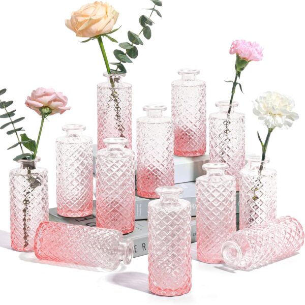 Glass Bud Vases Set of 12, Small Diamond Bud Vases in Bulk, Mini Flowers Vases for Centerpieces, Vintage Decor Centerpiece for Table, Wedding Recepetion, Home, Gift (Gradient Pink)