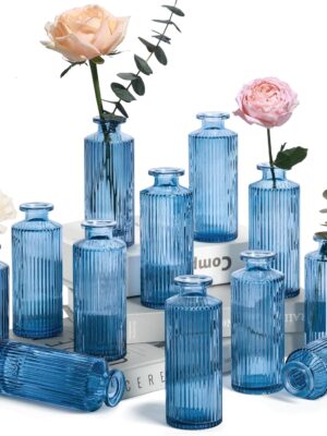Glass Bud Vases Set of 12, Small Bud Vase in Bulk, Mini Flower Vase for Centerpiece, Vintage Decorative Vase Set for Flowers, Wedding Reception, Christmas, Home Decor (Grey Blue)