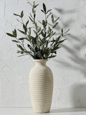 Ceramic Natural Rustic Vase, 14.4 Inch Large Vintage Flower Threaded Decorative Farmhouse Tall Vase for Home Decor, Living Room, Shelf Decor, Wedding, Housewarming Gift, Off-White
