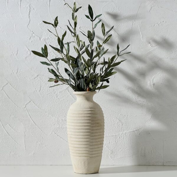 Ceramic Natural Rustic Vase, 14.4 Inch Large Vintage Flower Threaded Decorative Farmhouse Tall Vase for Home Decor, Living Room, Shelf Decor, Wedding, Housewarming Gift, Off-White